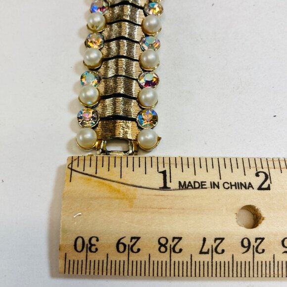 Vintage Coro Aurora Borealis Bracelet Rhinestone Faux Pearl Link Gold Flawed - Picture 8 of 9